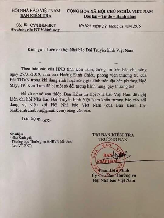 Công văn Ban Kiểm tra đề nghị Liên Chi hội Nhà báo Đài Truyền hình Việt Nam báo cáo bằng văn bản tới Hội Nhà báo Việt Nam.