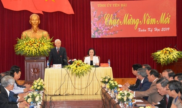 Tổng Bí thư, Chủ tịch nước Nguyễn Phú Trọng phát biểu tại buổi làm việc. Ảnh: Cổng TTĐT tỉnh Yên Bái