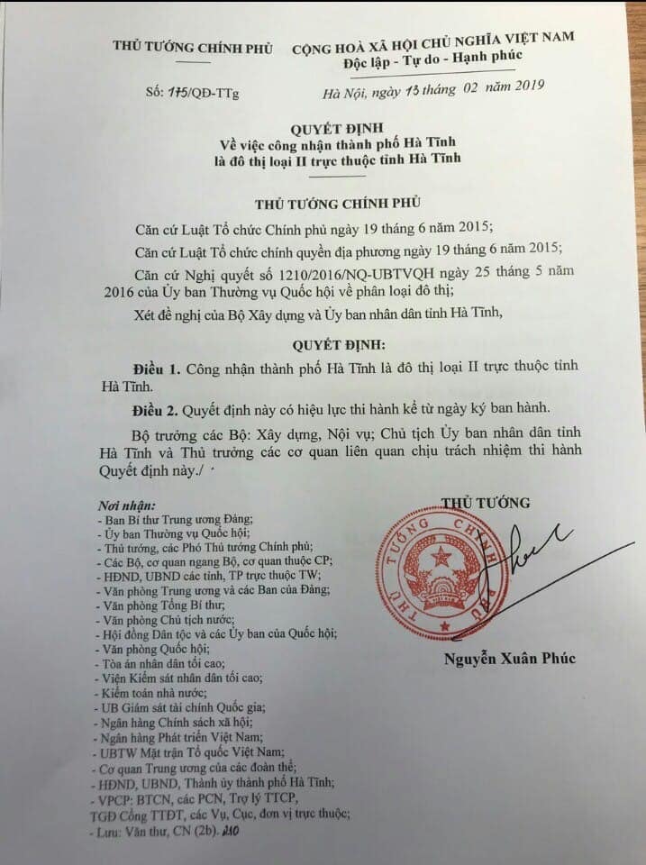 Quyết định của Thủ tướng Chính phủ công nhận TP.Hà Tĩnh là đô thị loại II trực thuộc tỉnh Hà Tĩnh.