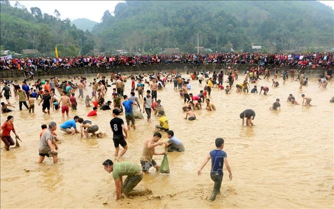 Quang cảnh Lễ hội bắt cá tay không. Ảnh: TTXVN