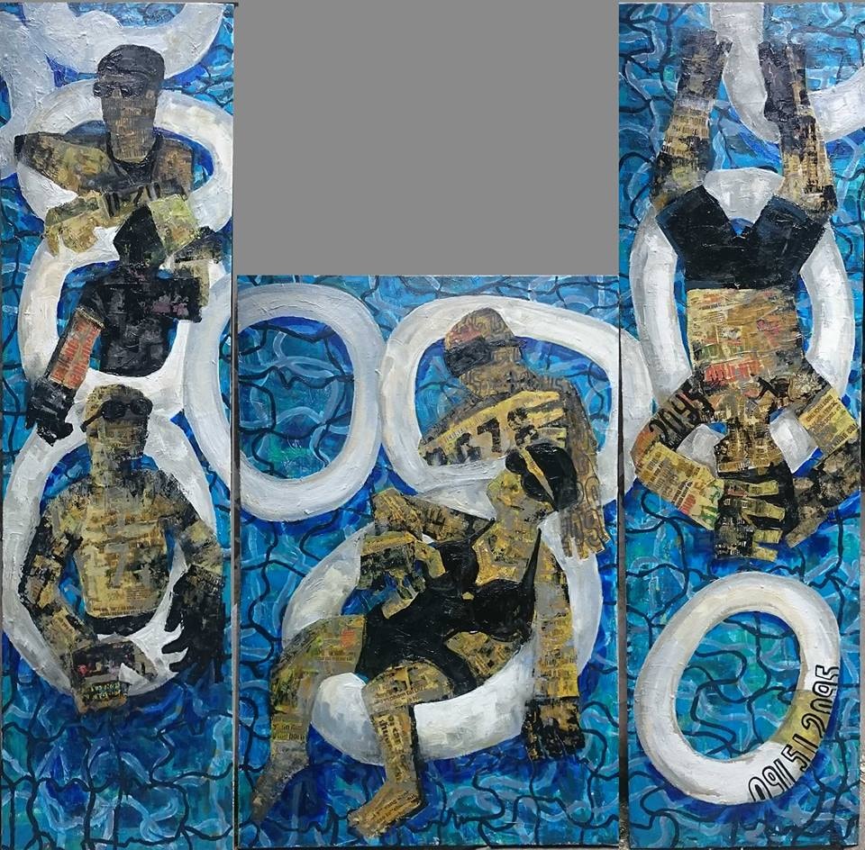 Tác phẩm Nàng béo, acrylic và giấy báo, 210x240cm, 2018. Họa sĩ Đoàn Xuân Tùng.