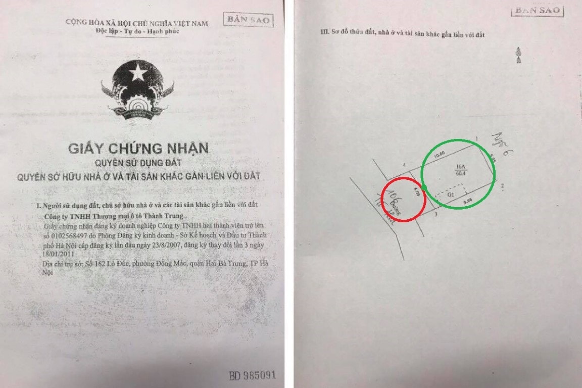 Phần diện tích đất mà Cty Thành Trung đã thế chấp nhằm đảm bảo cho nghĩa vụ trả nợ (phần ô tròn màu xanh). Còn lại phần đất có diện tích 13,8m2 (phần ô tròn đỏ) đã bị Chi cục THADS quận Tây Hồ tự ý cưỡng chế, kê biên rồi sau đó đem bán đấu giá.