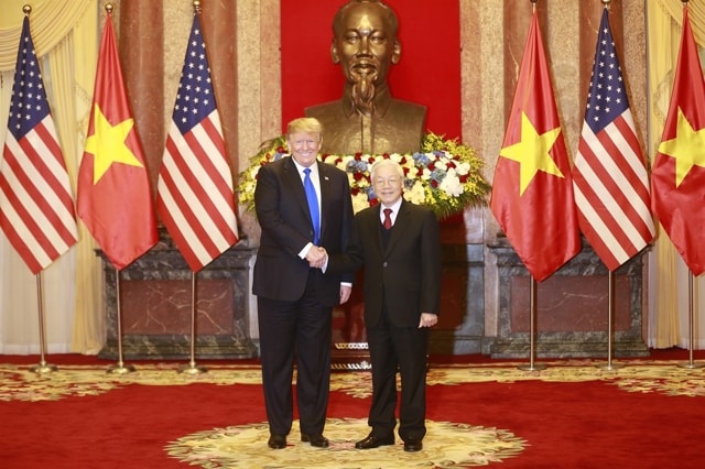 Tổng Bí thư, Chủ tịch nước tại cuộc hội đàm với Tổng thống Mỹ Donald Trump. Ảnh: TTXVN