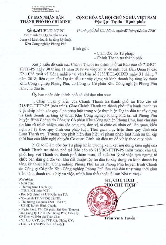 Văn bản số 629/UBND-NCPC mà Phó Chủ tịch UBND TPHCM Trần Vĩnh Tuyến vừa ký ban hành hôm 26/2 vừa qua.