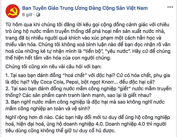 Bài viết gần đây nhất của trang Facebook mạo danh Ban Tuyên giáo TƯ