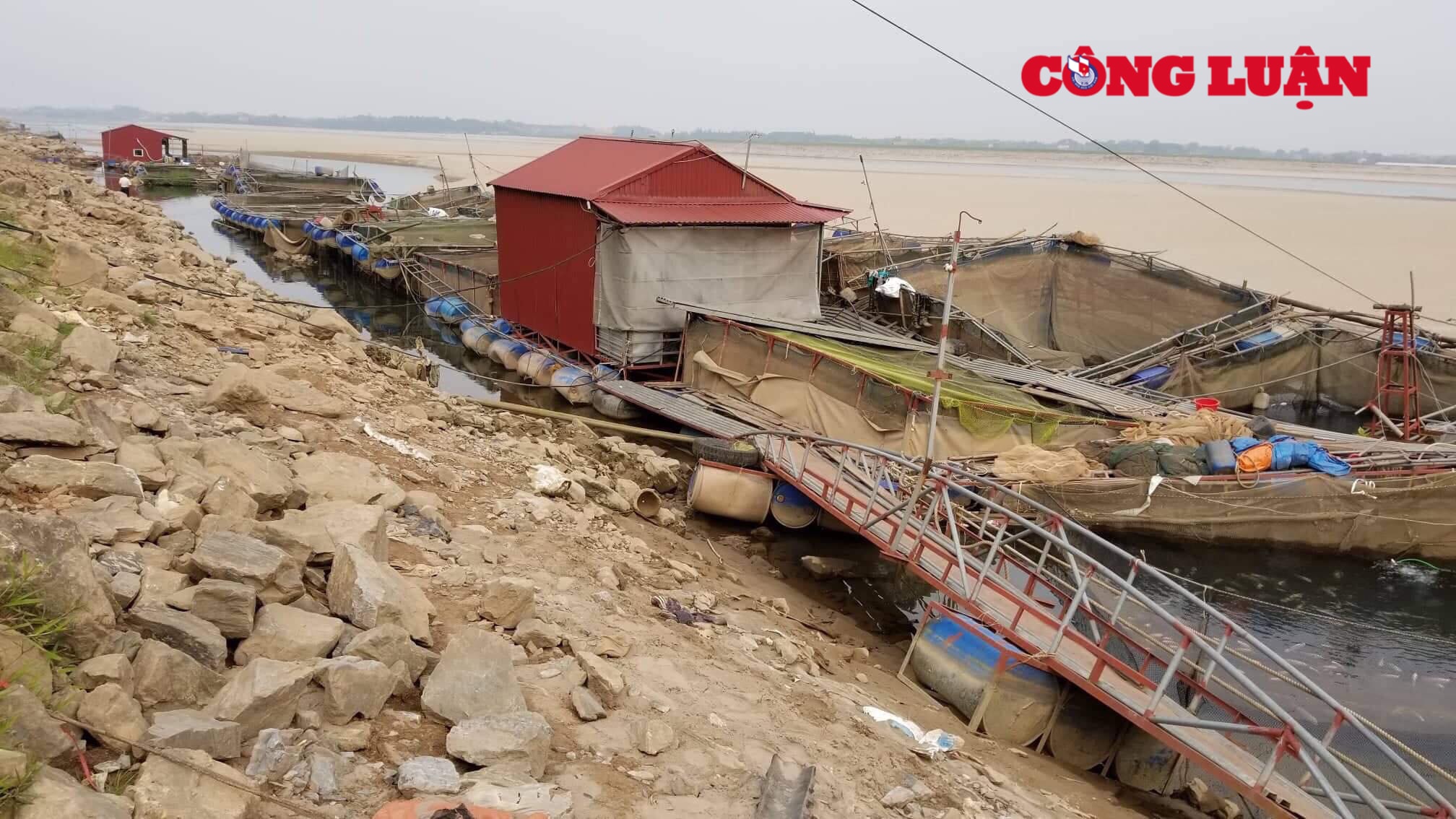 Nhiều người dân ngao ngán nhìn những lồng cá trống không, lưới và khung lồng cá bị rách, hoen rỉ nằm trơ trọi trên cát.