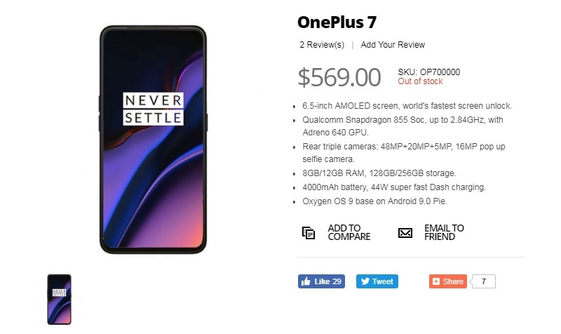 Nhà bán lẻ Giztop liệt kê Oneplus 7, thông số chính thức được xác nhận.