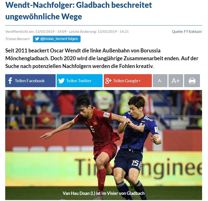 Thông tin Monchengladbach muốn chiêu mộ Văn Hậu xuất hiện trên tờ Fussballtranfers - Ảnh: HP