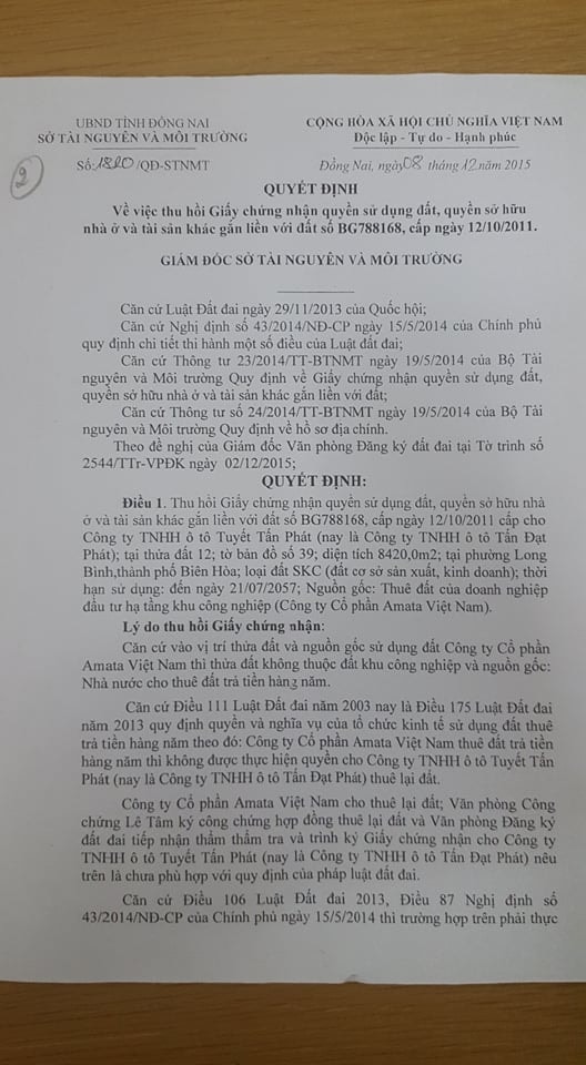 Ngày 8/12/2015, Sở TN&MT Đồng Nai lại ban hành quyết định thu hồi GCN quyền sử dụng đất, quyền sở hữu nhà ở và tài sản khác gắn với đất số BG788168, đã cấp cho Công ty Tấn Đạt Phát hồi năm 2011.