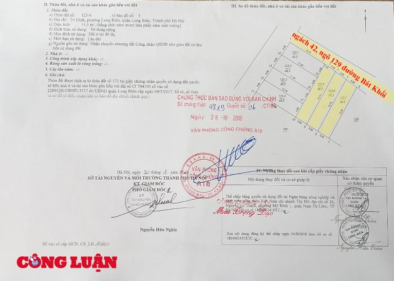 Trên Giấy chứng nhận quyền sử dụng đất mà bà Lan đang là chủ sở hữu lại thể hiện ngách 42, ngõ 129 đường Bát Khối là lối đi chung của công.