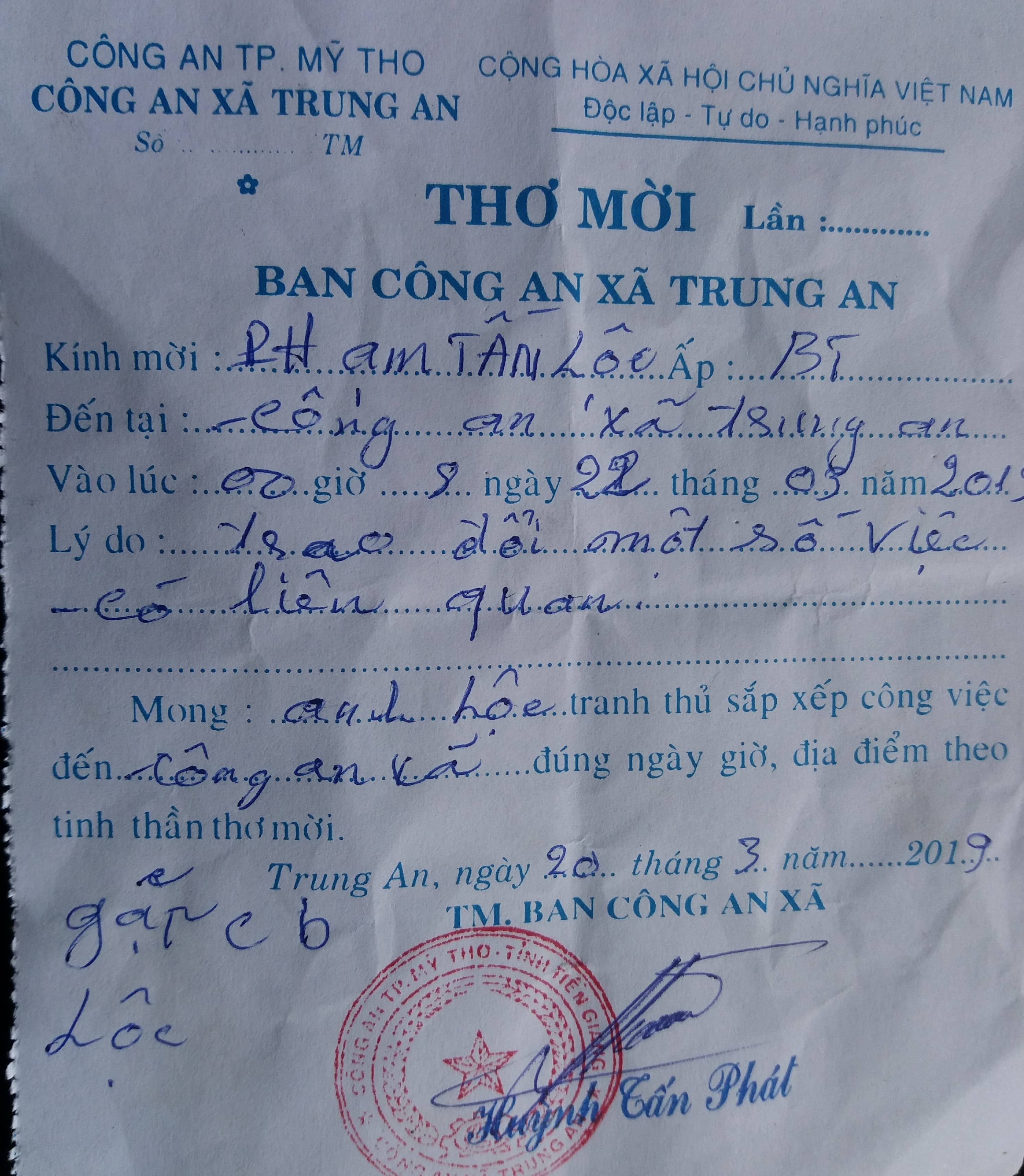 Thư mời ông Lộc làm việc với công xã lúc 00 giờ 8 ngày 22 tháng 03 năm 2019