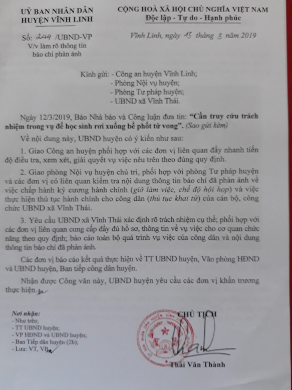 Công văn chỉ đạo điều tra làm rõ vụ việc của Chủ tịch UBND huyện Vĩnh Linh. (Ảnh: Cái Văn Long).