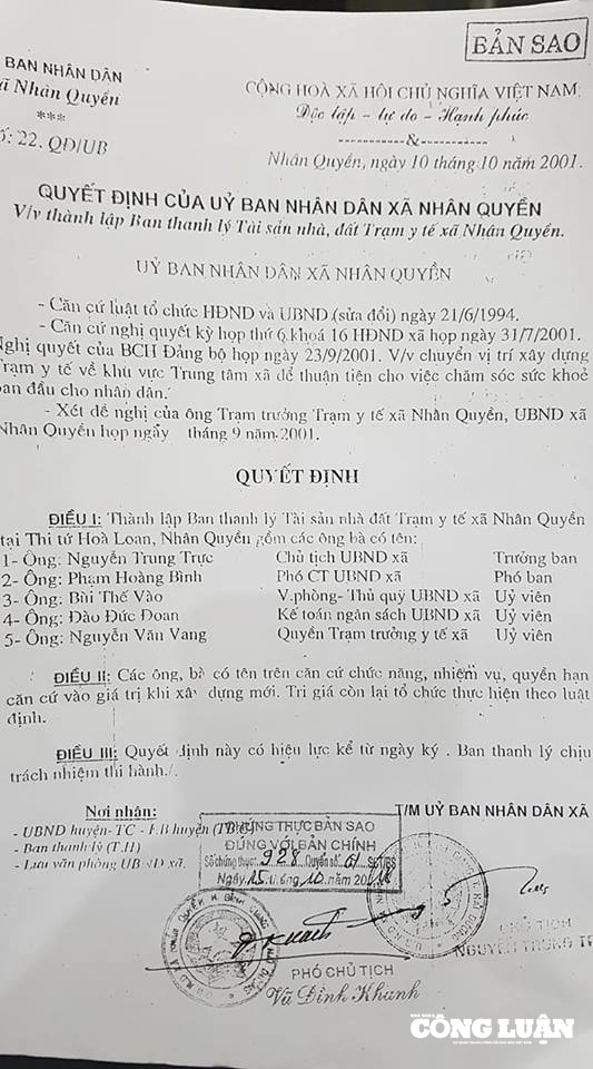 QĐ thành lập Ban bán thanh lí tài sản nhà nước của UBND xã Nhân Quyền