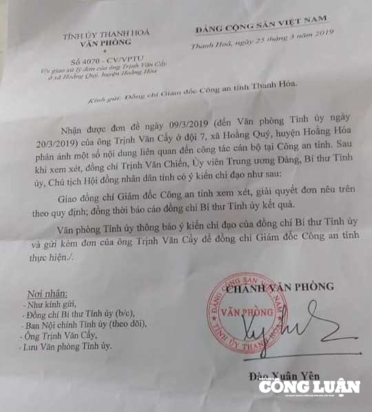 Bí thư Tỉnh ủy Thanh Hóa yêu cầu Giám đốc Công an tỉnh làm rõ nội dung đơn thư tố cáo của công dân