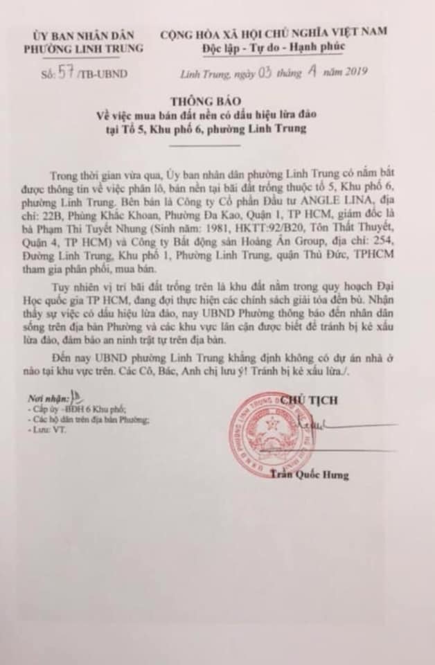Văn bản khuyến cáo của UBND phường Linh Trung, Q. Thủ Đức, TP. Hồ Chí Minh.