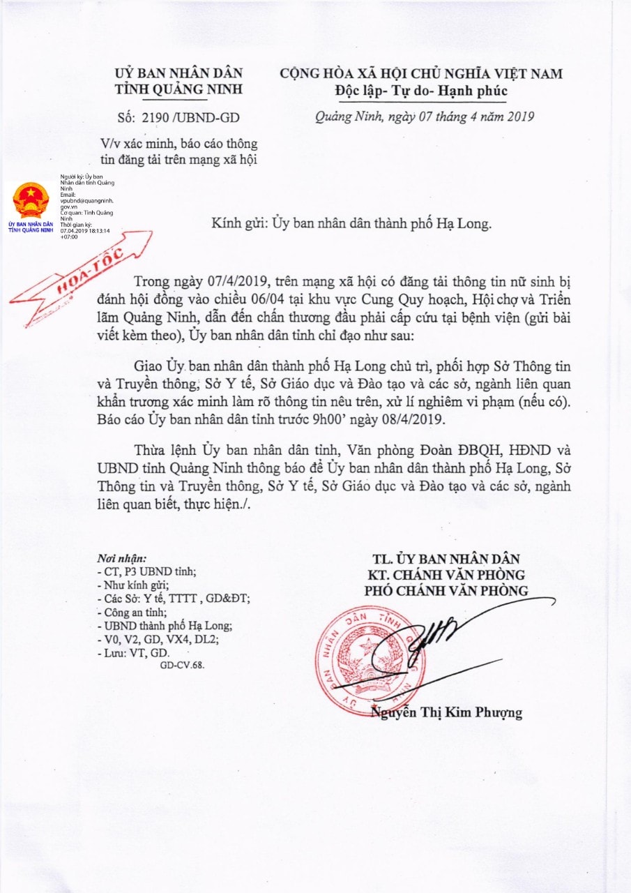 Công văn hỏa tốc của UBND tỉnh Quảng Ninh gửi TP. Hạ Long về vụ việc nữ sinh bị đánh phải nhập viện
