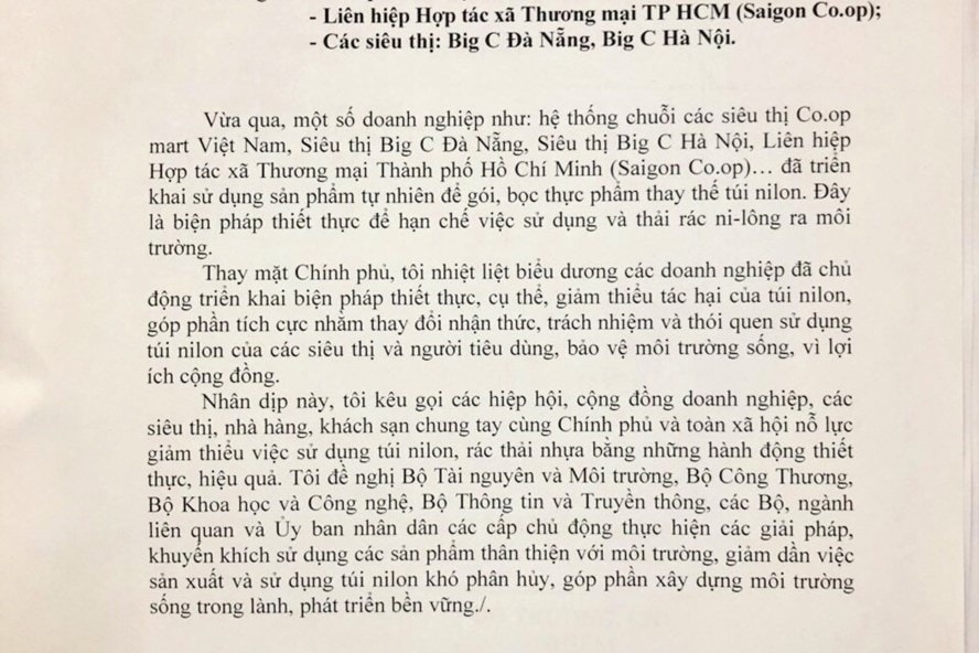 Thư biểu dương giảm thiểu túi nilon của thủ tướng chính phủ Nguyễn Xuân Phúc với các doanh nghiệp Việt Nam