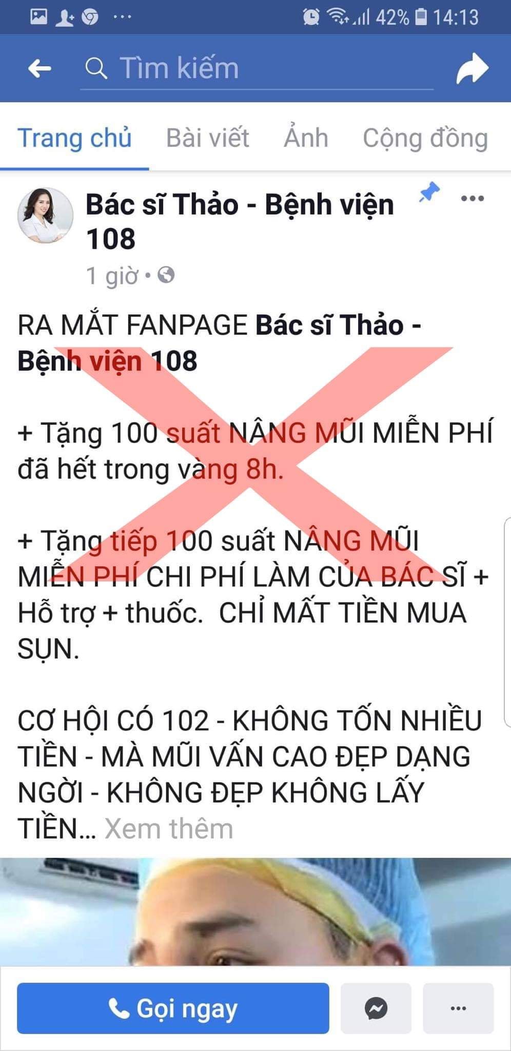 Trên mạng xã hội xuất hiện rất nhiều trang fanpage giả mạo thương hiệu Bệnh viện trung ương quân đội 108 để lừa đảo bán hàng và làm đẹp