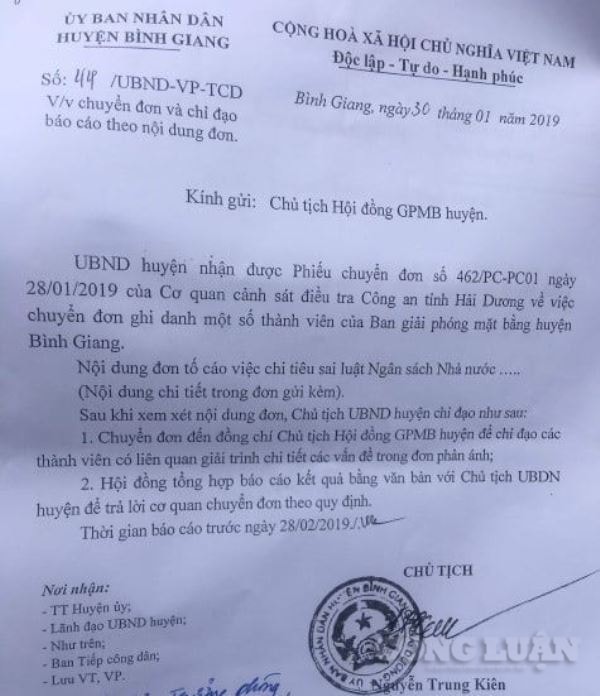 Ban GPMB huyện Bình Giang đã báo cáo với Chủ tịch UBND huyện Bình Giang như thế nào, Báo Nhà báo và Công luận sẽ thông tin chi tiết tới bạn đọc