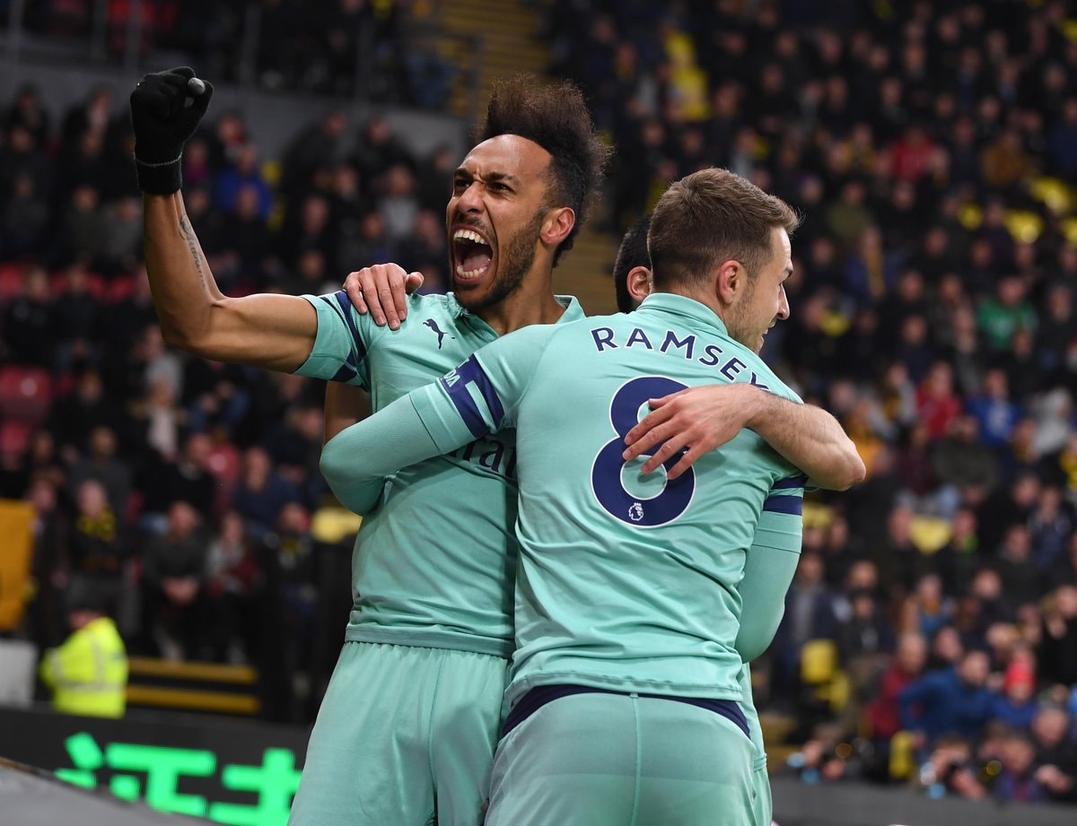Aubameyang ăn mừng bàn thắng duy nhất cho Arsenal. Ảnh: Getty