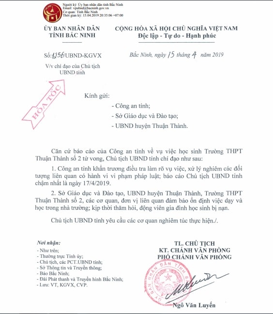 công văn hỏa tốc của UBND tỉnh Bắc Ninh về vụ nữ sinh lớp 12 tại huyện Thuận Thành tự tử