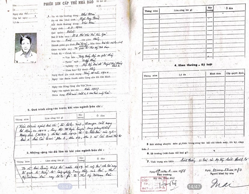 Phiếu xin cấp thẻ nhà báo có bút tích tự khai của Nhà báo Như Mai năm 1980 có xác nhận của Báo Quảng Ninh.
