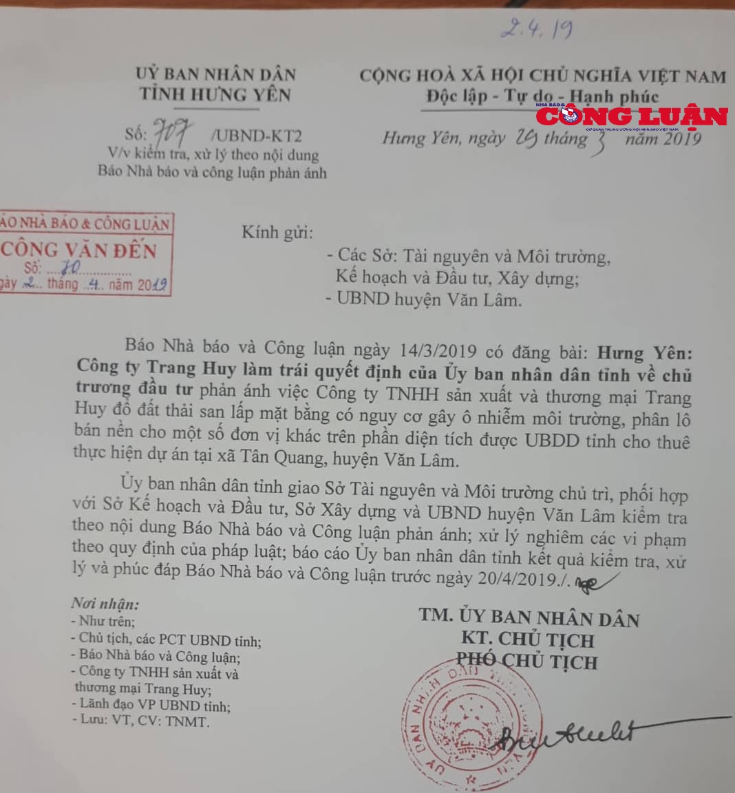 Công văn UBND tỉnh Hưng Yên gửi báo NB&CL.
