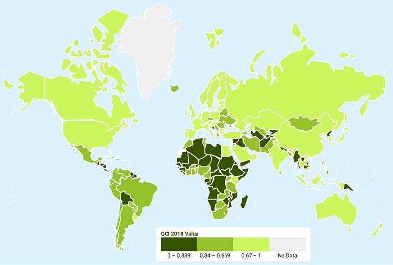 Bảng xếp hạng an toàn, an ninh thông tin toàn cầu - GCI 2018. Nguồn: Global Cyber-security Index 2018 của ITU.