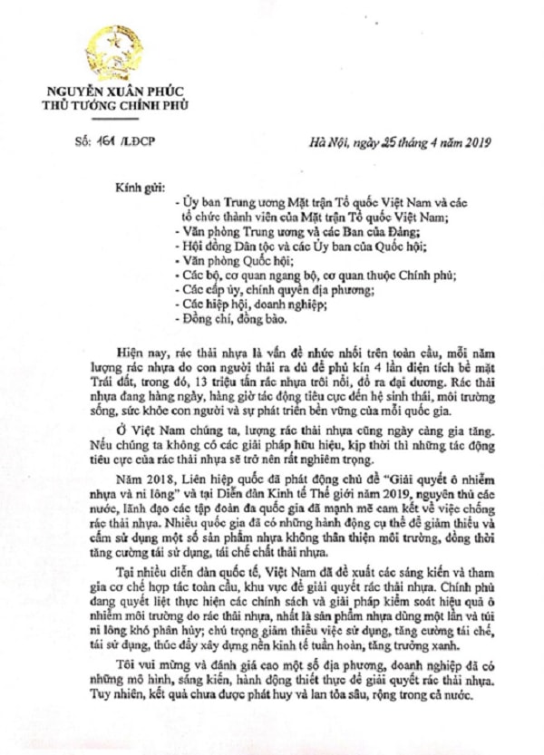 Thủ tướng Chính phủ gửi Thư ngỏ chính thức đến các cơ quan, chính quyền các địa phương, doanh nghiệp và toàn thể đồng chí, đồng bào cả nước kêu gọi toàn xã hội chung tay hành động chống rác thải nhựa vì một Việt Nam trong lành, phát triển bền vững.