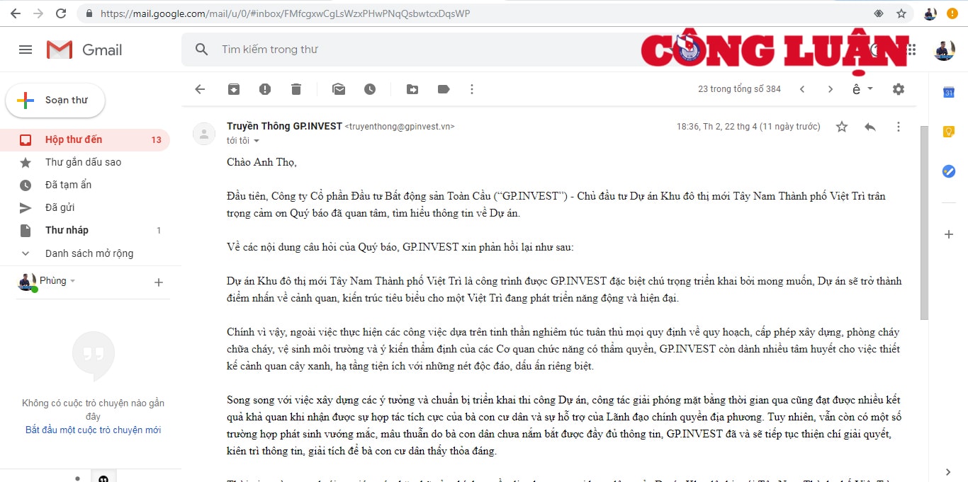 Trong thư phản hồi mà công ty Toàn Cầu gửi qua mail luôn khẳng định làm đúng trình tự và quy định của pháp luật.