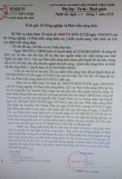 Sở Nội vụ Nghệ An đề nghị Sở NN&PTNT Nghệ An kiểm điểm các cá nhân sai trong vụ nhân lực chất lượng cao mang thai bị mất việc