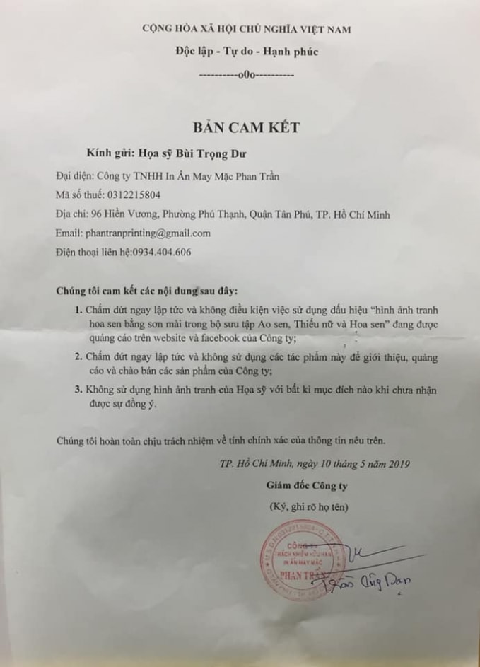 Bản cam kết của công ty Phan Trần gửi họa sĩ Dư.