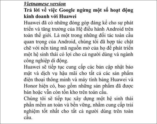 Huawei Việt Nam chia sẻ thông tin về việc Google ngừng hợp tác với hãng.
