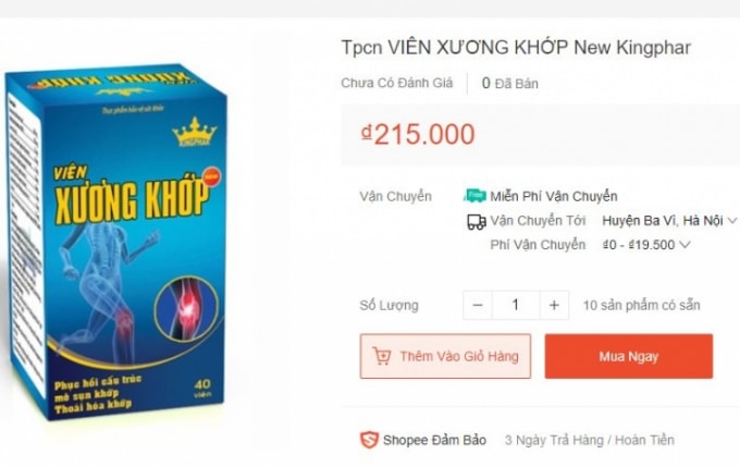 Thực phẩm bảo vệ sức khỏe Viên xương khớp Kingphar New đang quảng bá trên shopee. Ảnh internet