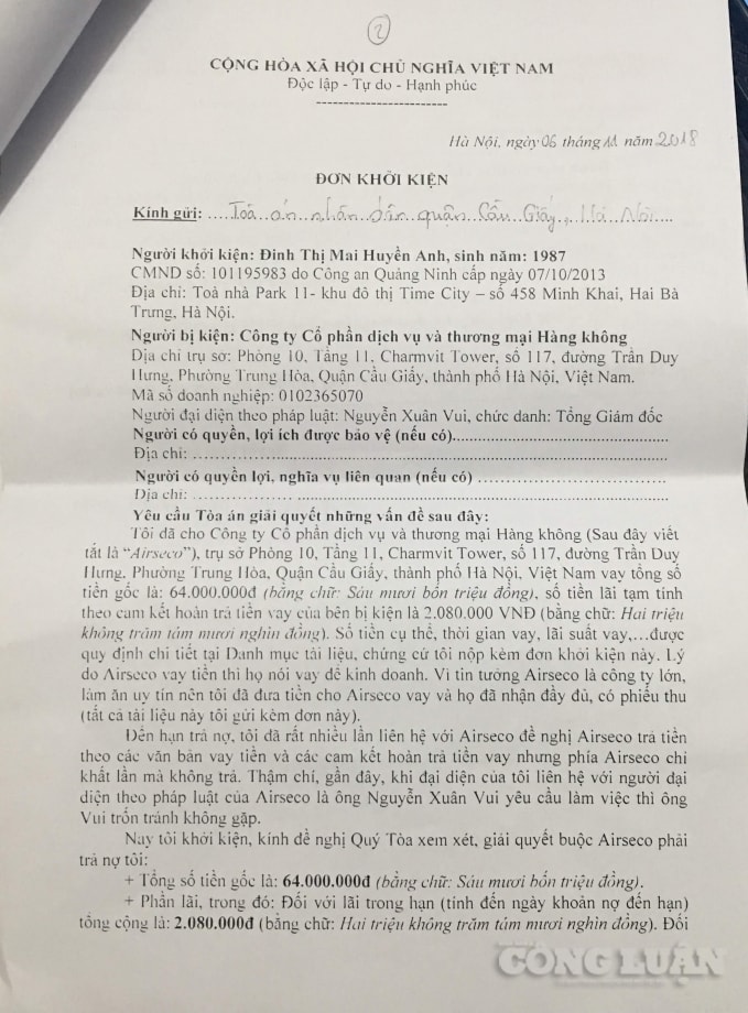 Sau khi Airseco hứa hẹn nhiều lần không trả tiền vay, người dân đã làm đơn khởi kiện ra tòa án.