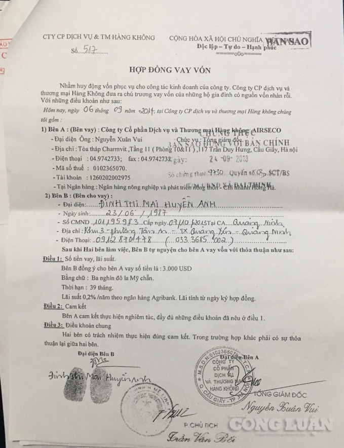 Công ty Airseco vay tiền người dân bằng các hợp đồng vay vốn.