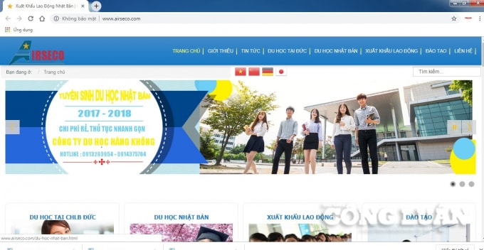 Website giới thiệu của Airseco chuyên về du học sinh và xuất khẩu lao động.