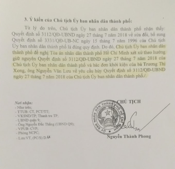 Chủ tịch UBND TP. HCM ký văn bản đề nghị Tòa án bác đơn khởi kiện của người dân
