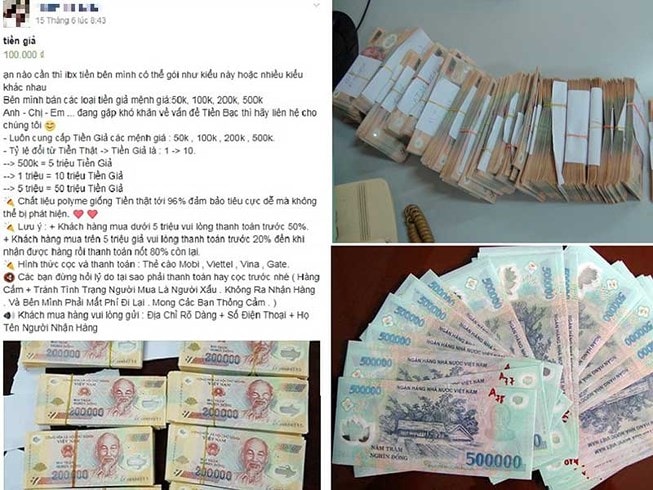 Tiền giả được rao bán ngang nhiên trên Facebook. Ảnh: Internet