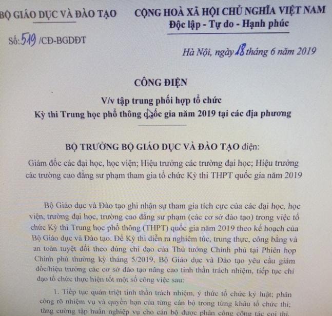 Công điện của Bộ trưởng GD&ĐT gửi lãnh đạo các trường đại học, cao đẳng. Ảnh: Lương Minh