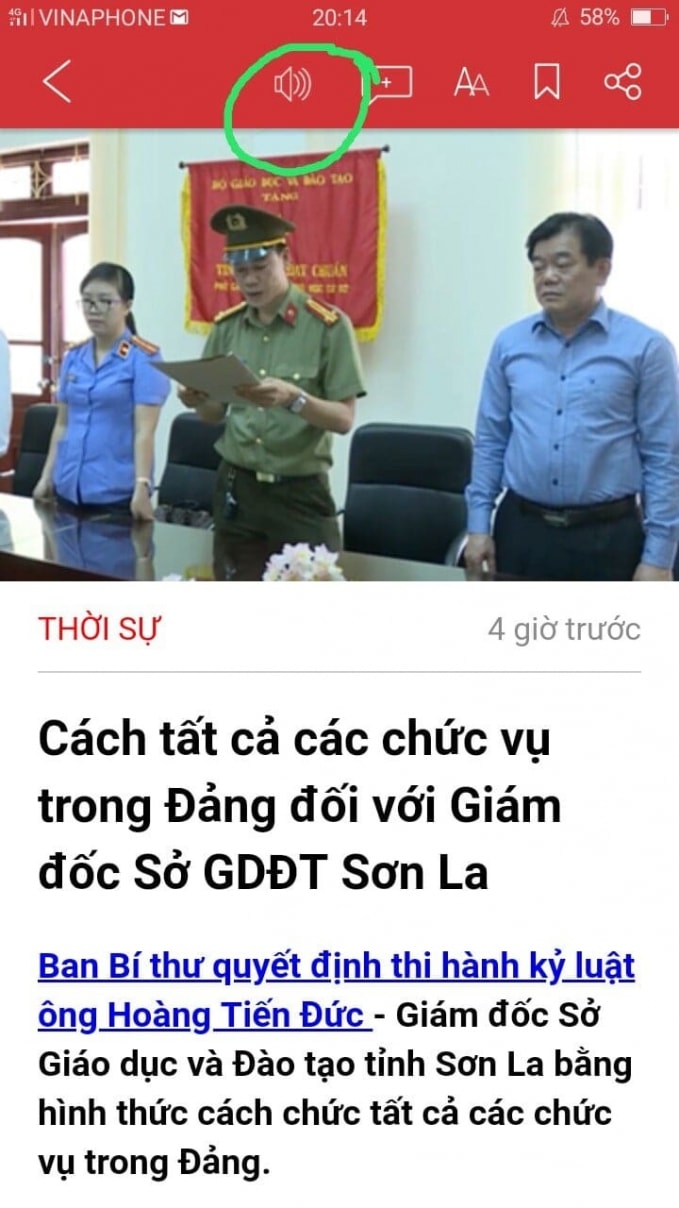 Trên APP Lao Động, chỉ click vào biểu tượng loa, bài viết sẽ được tự động đọc bằng giọng của robot sử dụng trí tuệ nhân tạo.