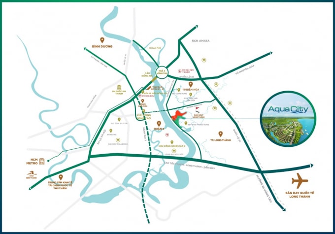Aqua City nằm ở tâm điểm kết nối giao thông, dễ dàng kết nối đến TP. HCM và các khu vực lân cận TP. Biên Hòa, Bình Dương, Vũng Tàu, Phan Thiết.
