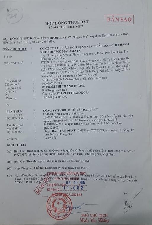 Ngày 16/1/2017, Amata Biên Hòa và Công ty Tấn Đạt Phát tiến hành ký kết Hợp đồng thuê đất số ACC/TDP001LLA0117.