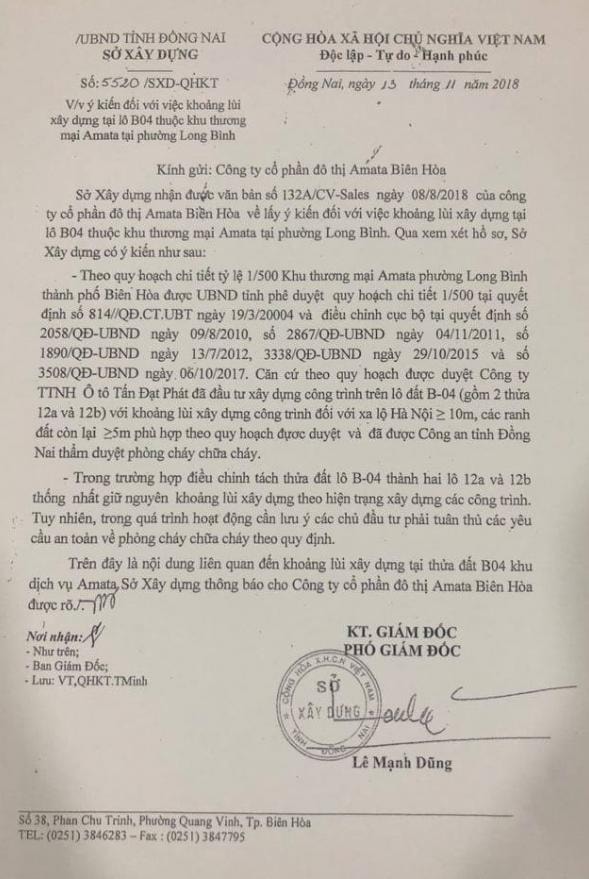 Văn bản mà Sở Xây dựng tỉnh Đồng Nai gửi đến Amata Biên Hòa vào ngày 13/11/2018.