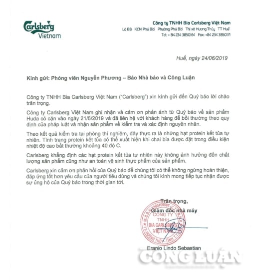 Công văn phản hồi của công ty TNHH Bia Carlsberg Việt Nam trả lời về những thông tin mà Báo Nhà báo và Công luận phản ánh.