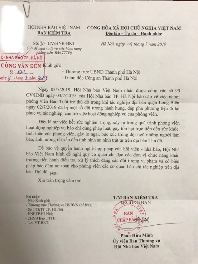 Công văn của Hội Nhà báo Việt Nam.