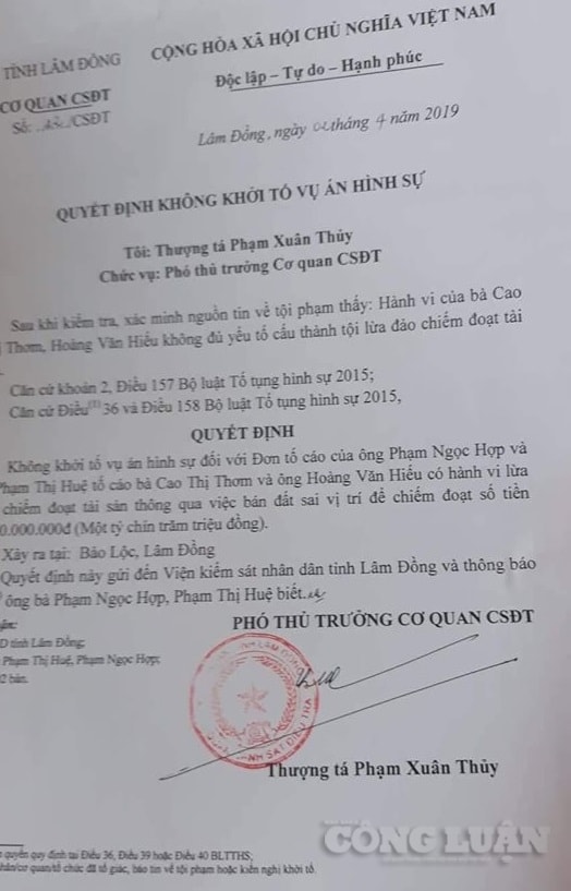Quyết định không khởi tố vụ án hình sự đối với bà Cao Thị Thơm - Bí thư xã Lộc Châu tội 