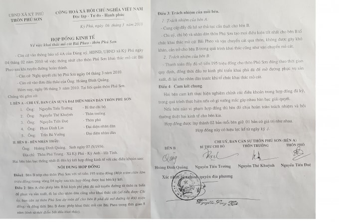 Trước sự chứng kiến của chính quyền địa phương xã Kỳ Phú, ông Quảng và thôn Phú Sơn đã ký bản hợp đồng kinh tế với các điều khoản trong hợp đồng nhưng xã Kỳ Phú lại phủ nhận, cho rằng số tiền trên là do ông Quảng và thôn Phú Sơn thỏa thuận, xã không biết vấn đề trên.