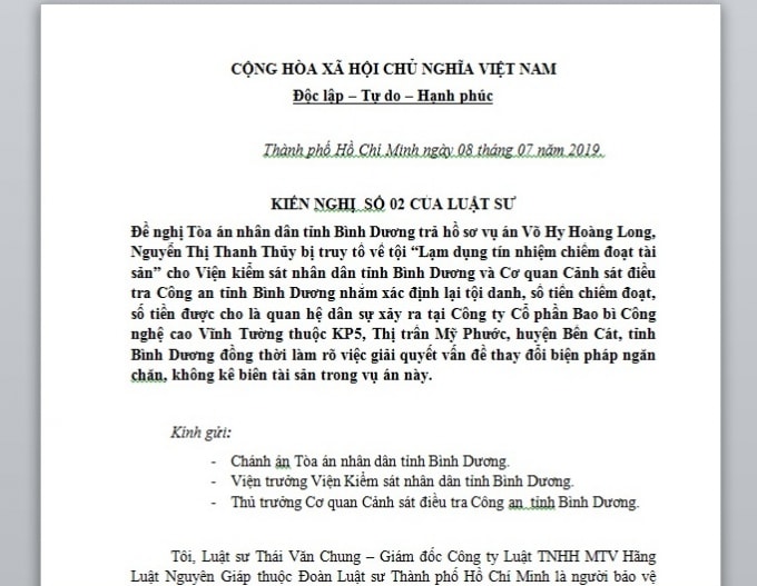 Bản kiến nghị Tòa án trả hồ sơ cho VKSND tỉnh Bình Dương của Luật sư Thái Văn Chung.