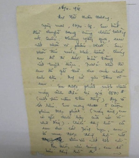 Lá thư của nhà báo, liệt sĩ Dương Thị Xuân Quý gửi về cho gia đình ngày 16/4/1968.